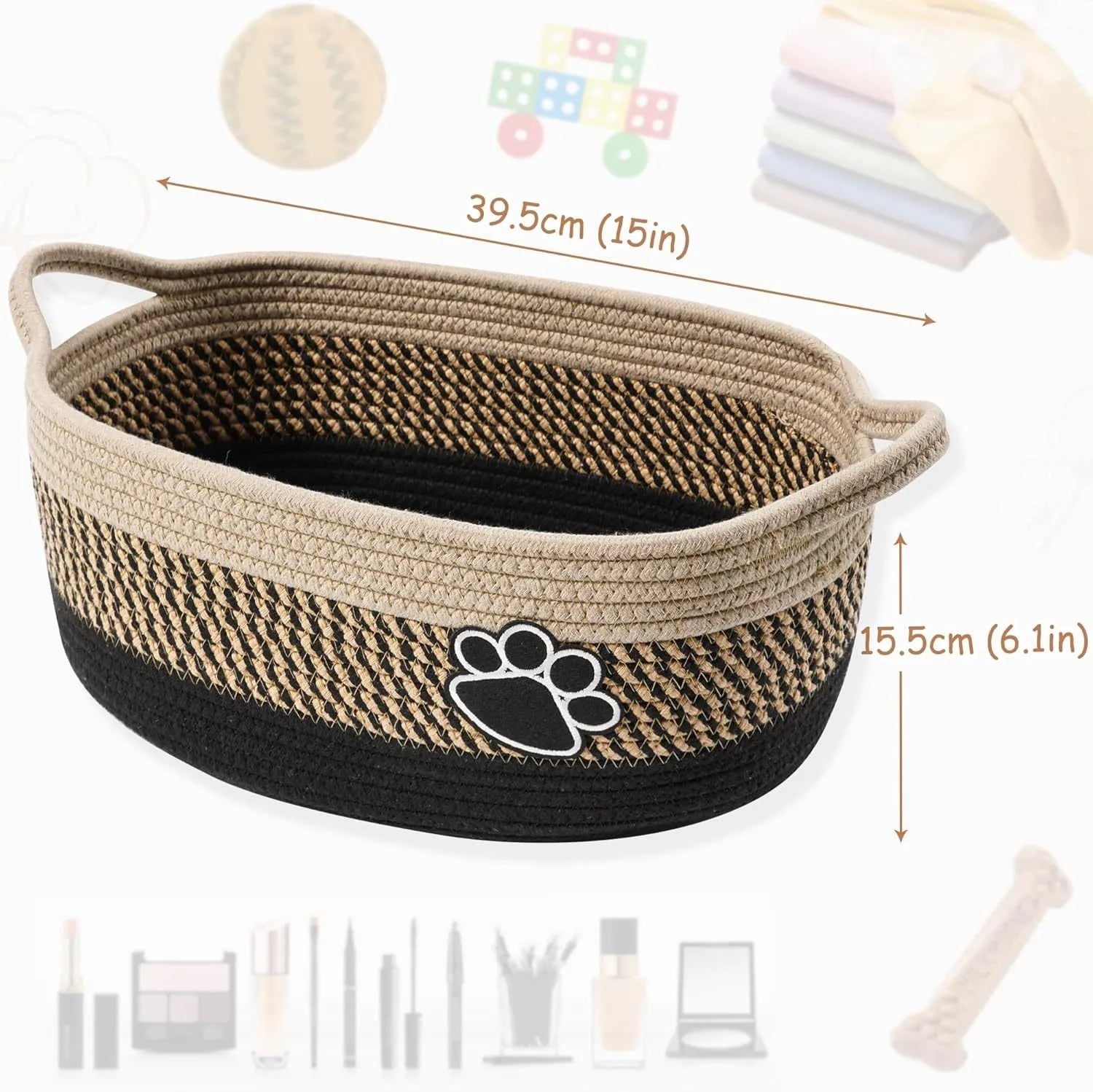 Handmade light beige woven cotton rope storage basket with a wooden handle.