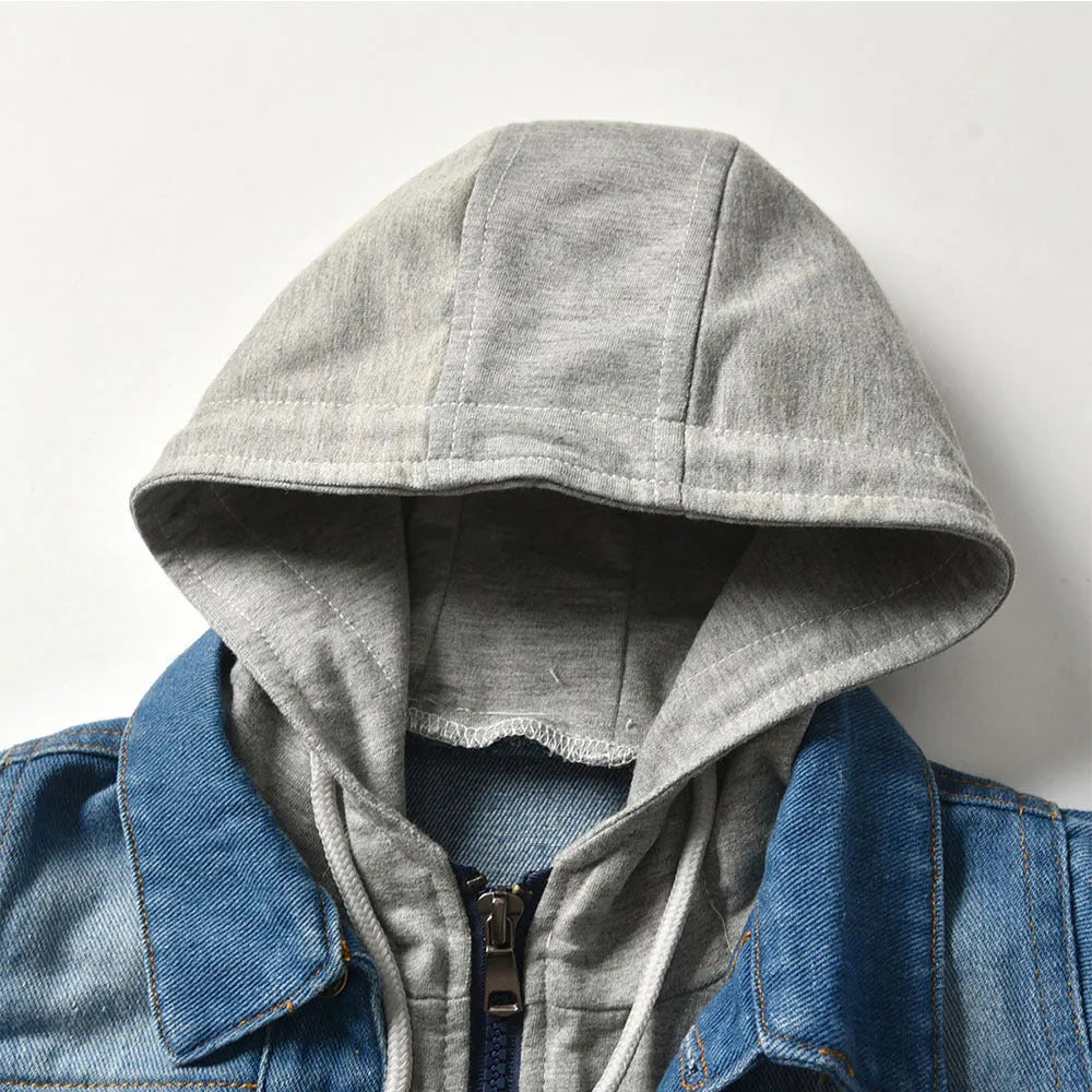 Children's grey hooded denim jacket with lapel collar and loose fit design
