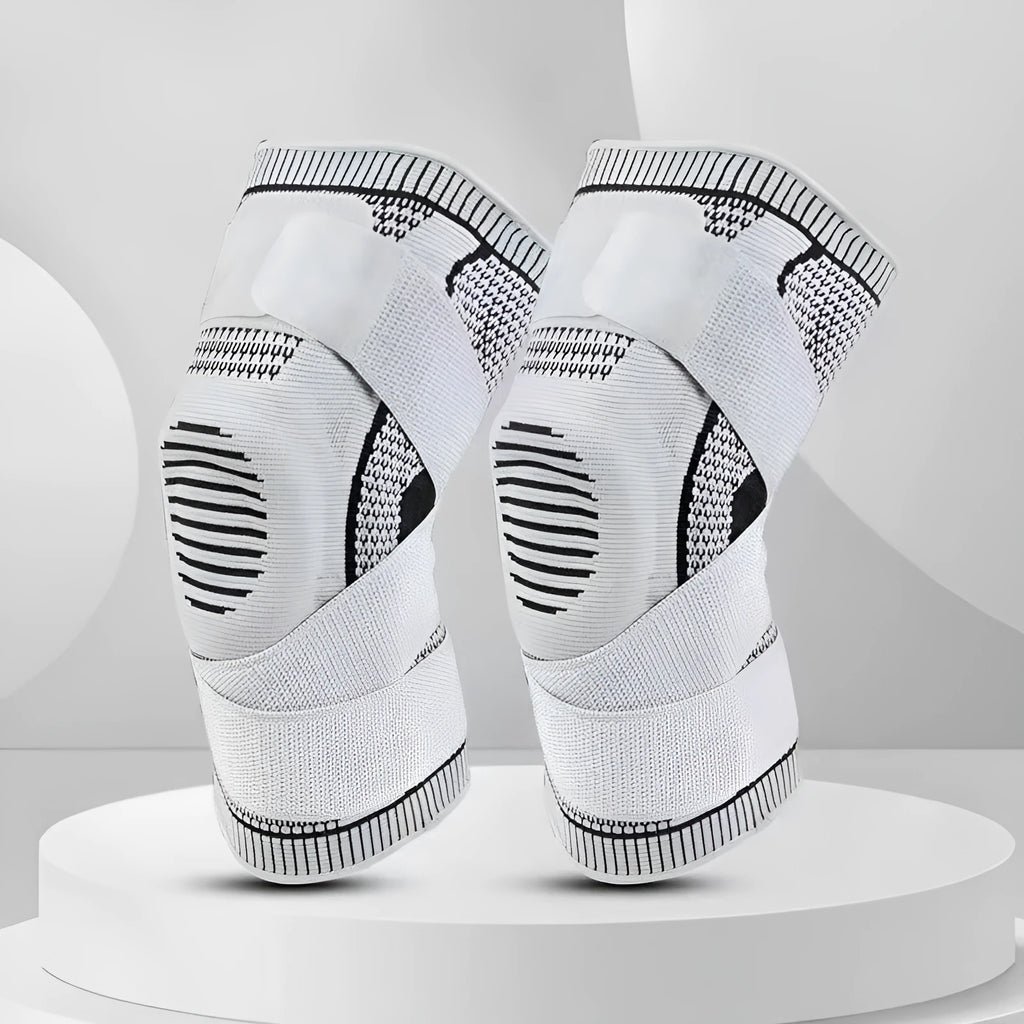Polyester knee protective gear for riding sports with spring-supported strap compression, sizes M to XXL