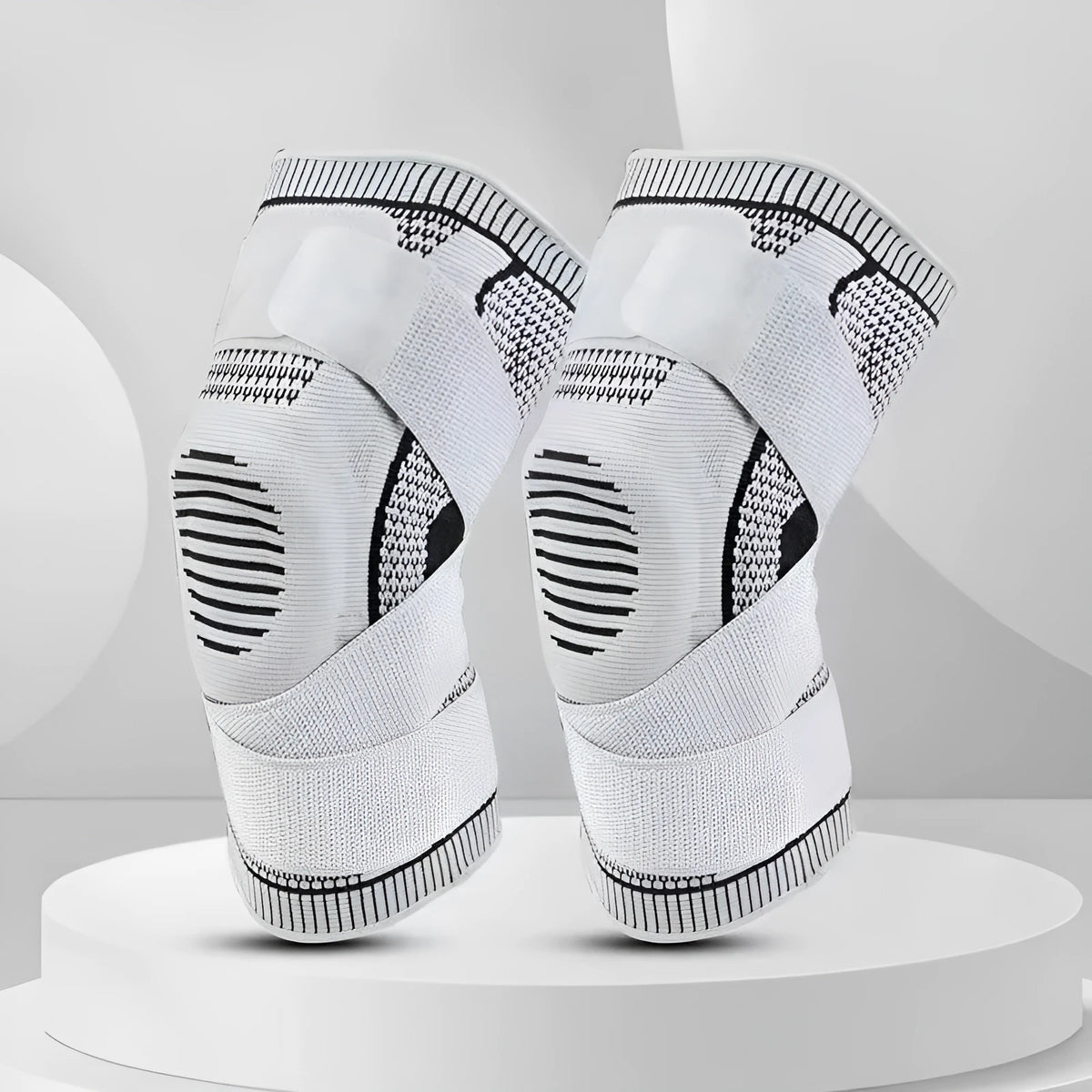 Polyester knee protective gear for riding sports with spring-supported strap compression, sizes M to XXL