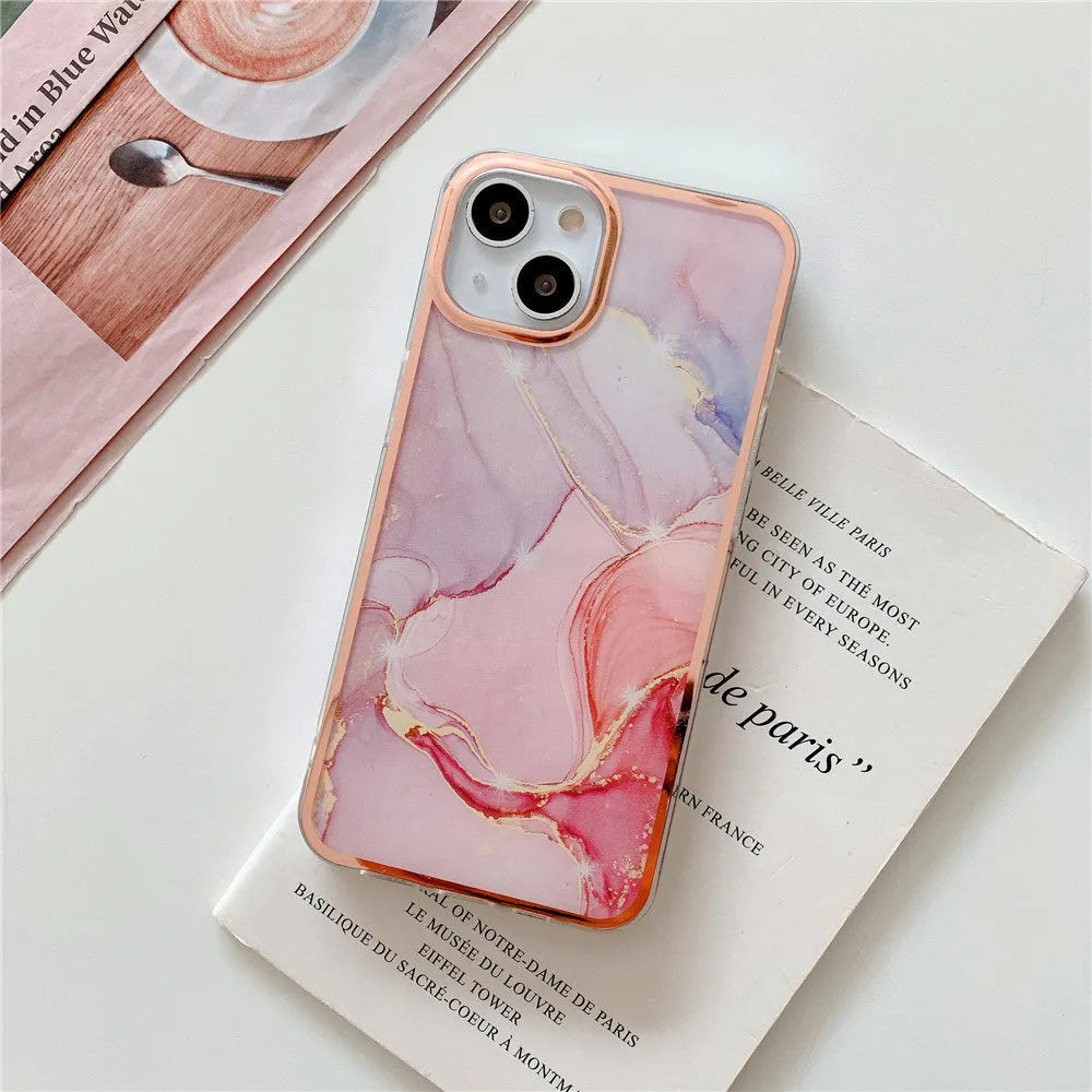 Electroplated marble phone case with mirror finish for iPhone 13-16 Pro Max, TPU PC back cover