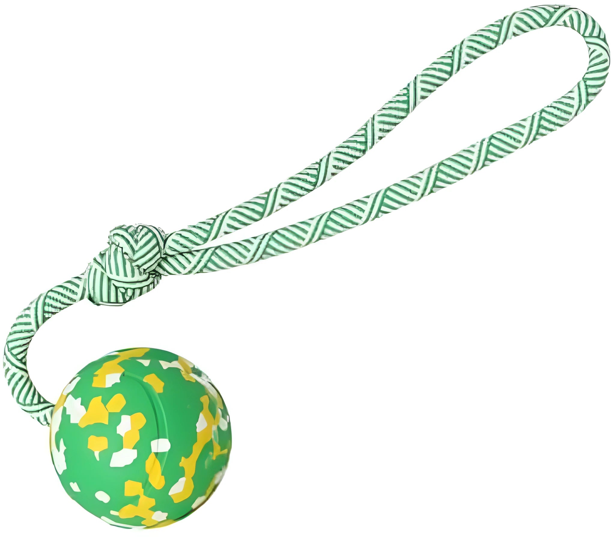 Natural rubber dog ball attached to a blue nylon rope for fetch and tug of war games.
