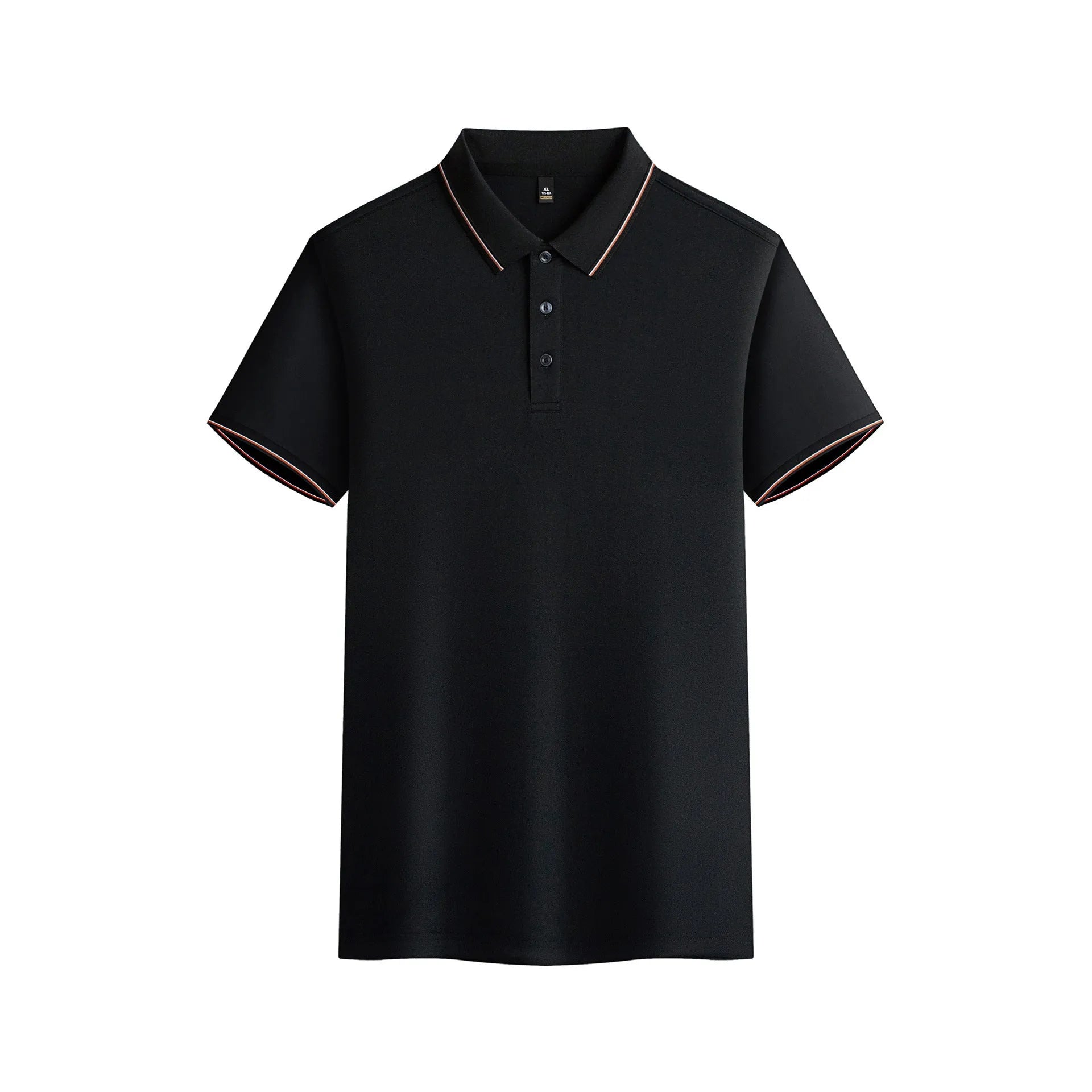 Men's navy blue quick-dry polyester polo shirt with short sleeves on hanger