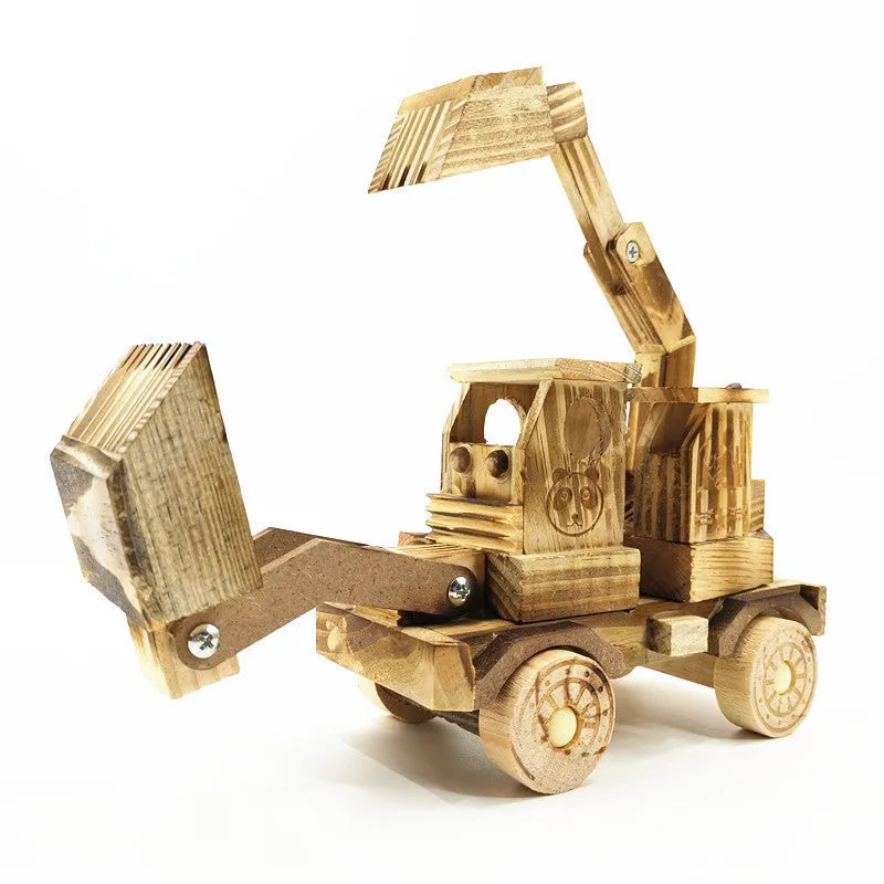 Wooden excavator model toy 30cm long brown rotating construction vehicle for children