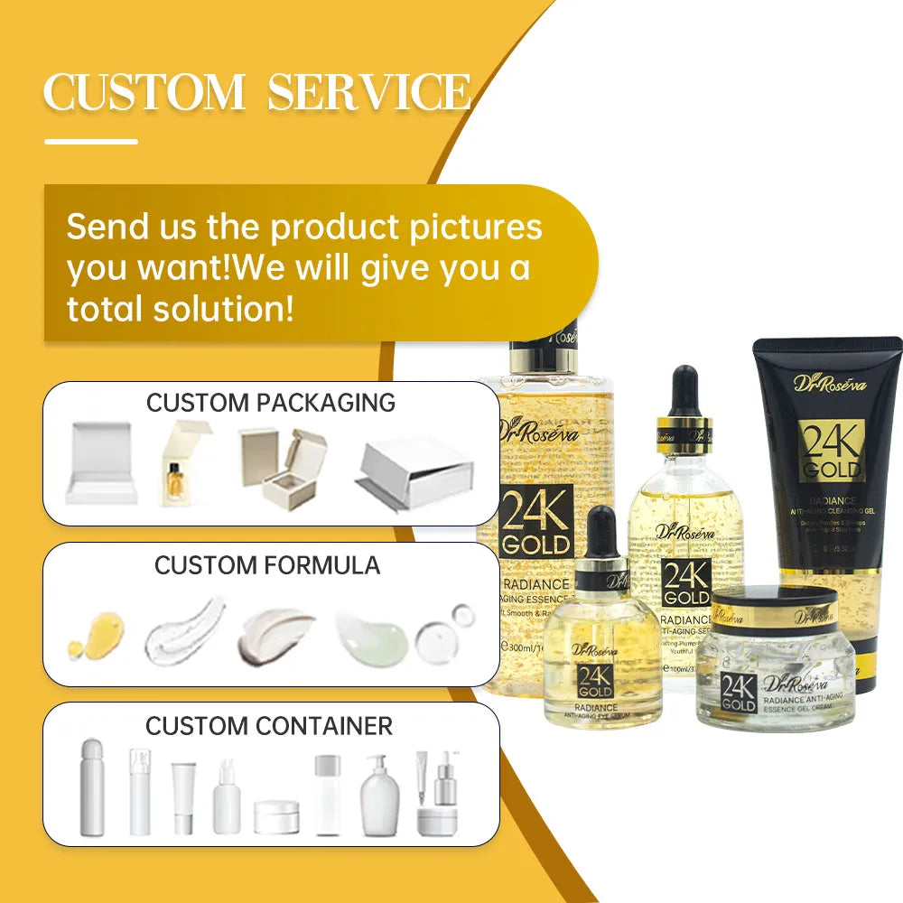 Dr Roseva 5 piece 24K gold radiance luxury skincare gift box with hyaluronic acid and niacinamide serum