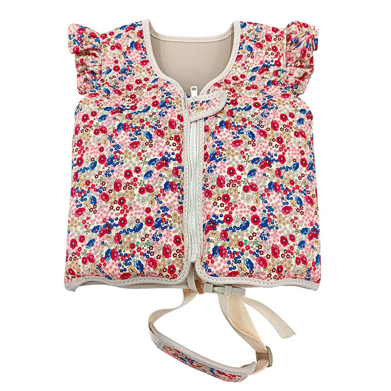 Children's foam swim vest in buoyancy vest pink strawberry colour, flower print pattern, nylon construction for swimming auxiliary