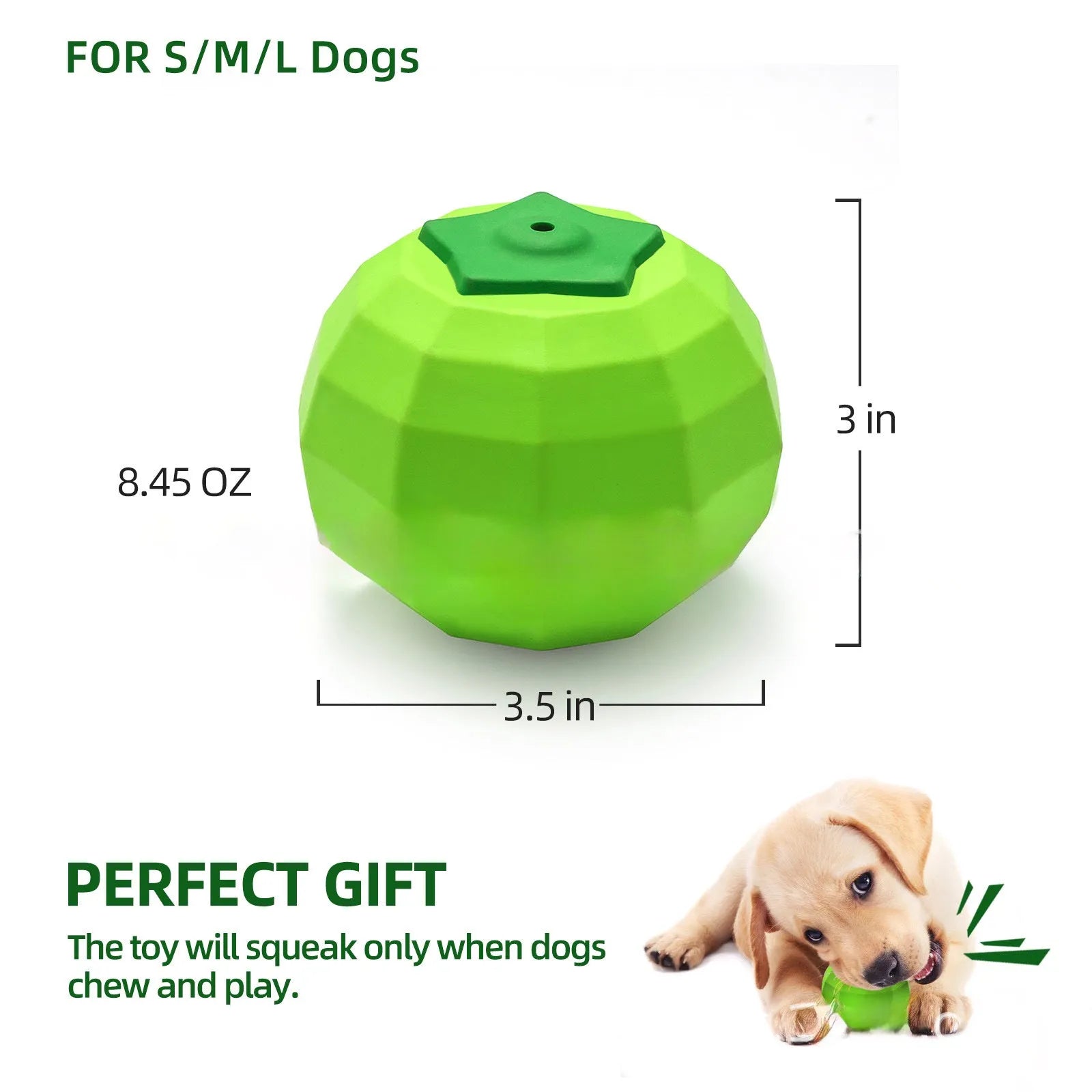 Green natural rubber squeaky dog chew toy ball for medium and large aggressive chewing breeds