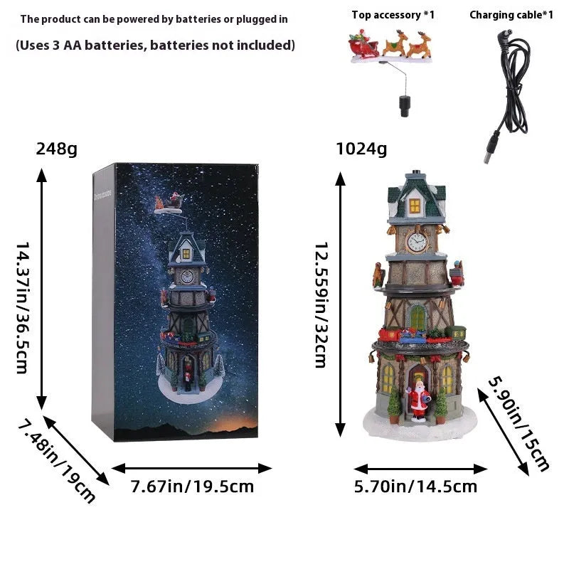 Christmas resin rotating music box decoration, bell tower design, 32cm high, battery operated ornament