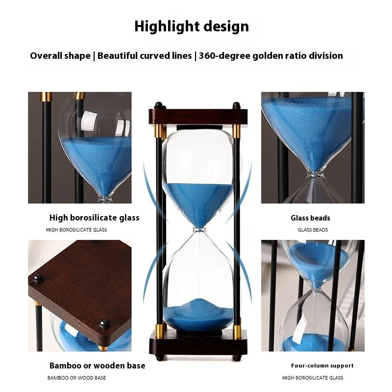 Solid wood hourglass timer in 30 or 60 minutes with coloured sand for office, home, writing, or gift use