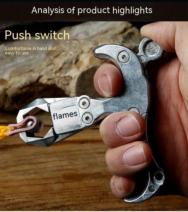 Close-up of a zinc alloy two-axis harpoon clip release aid with stainless steel mechanism.