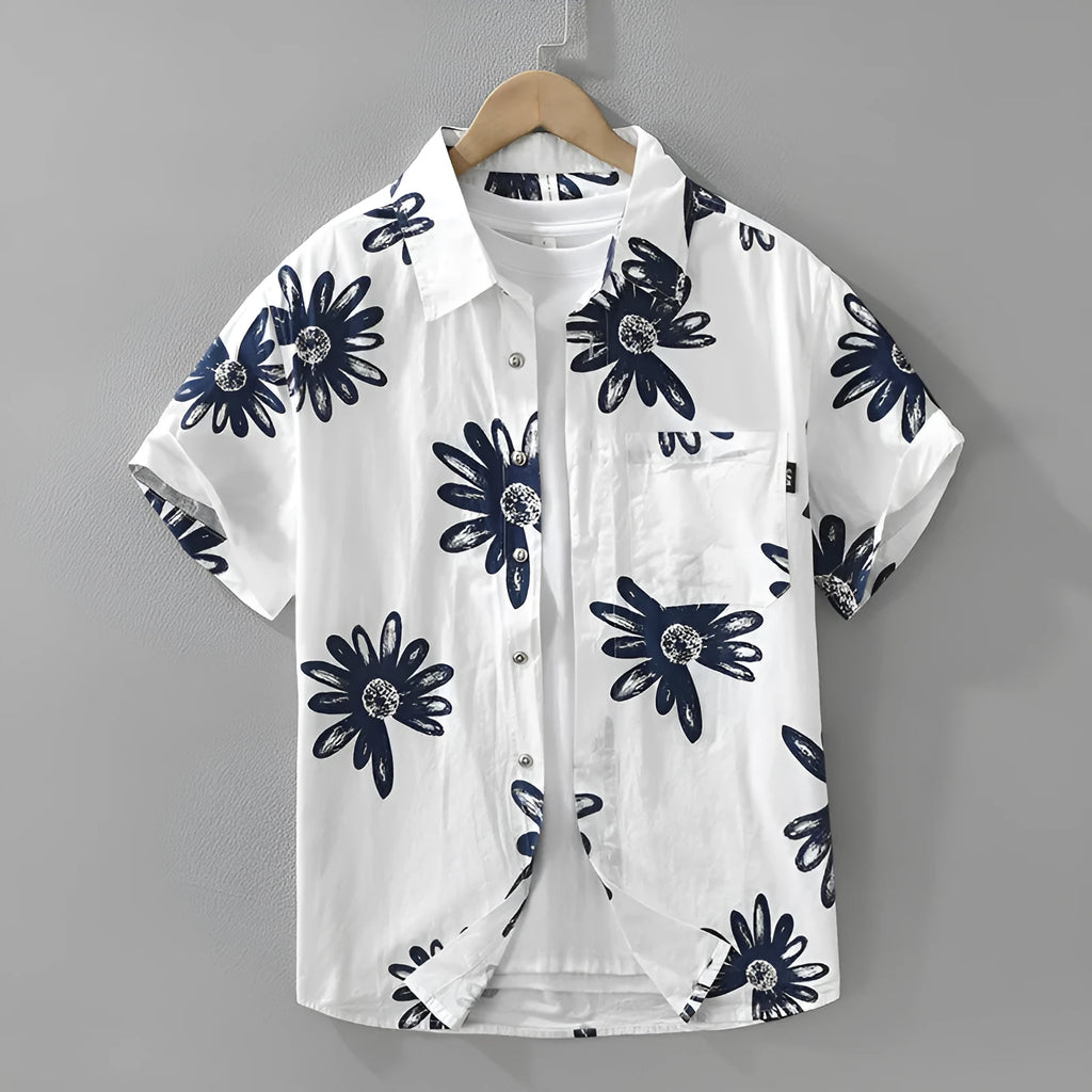 Printed short sleeve shirt cardigan in cotton blend fabric showing loose fit design