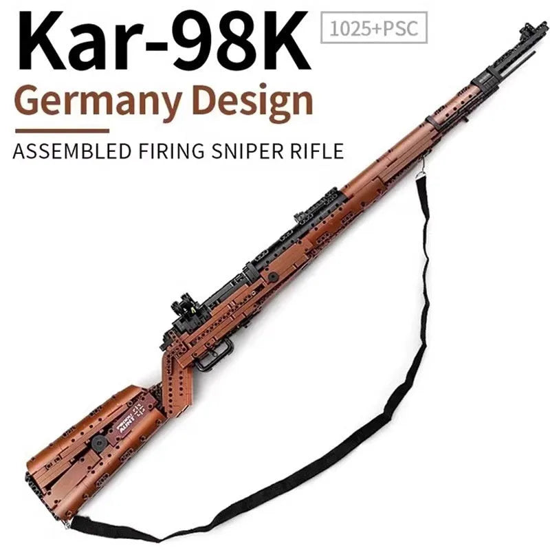 Building blocks toy gun model kit with launch mechanism, bullet assembly, colour box, and rifle style options