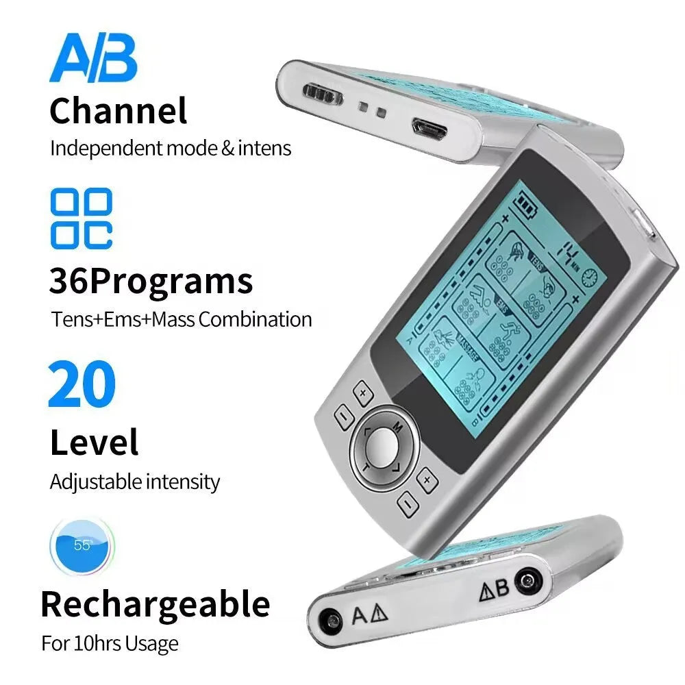 Charging pulse physiotherapy massager with handheld remote control USB rechargeable TENS EMS muscle stimulator