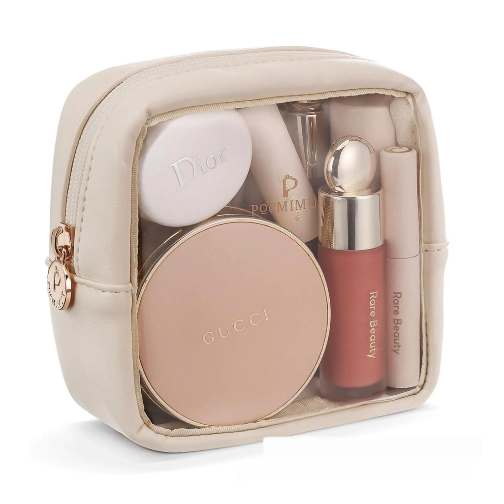 PVC leather transparent cosmetic bag in multiple colours showing waterproof construction and organisation compartments