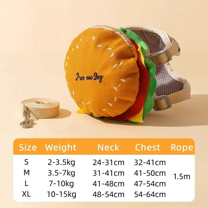 Cartoon hamburger chips design adjustable dog vest harness with walking rope in four pattern options