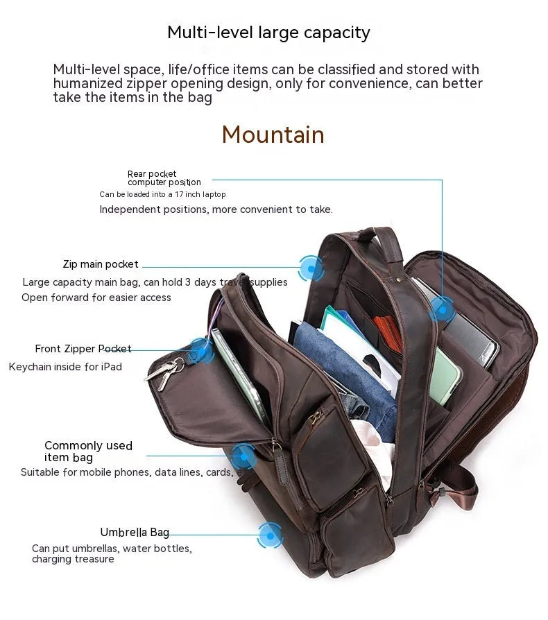 Dark brown retro genuine leather backpack for men showing front view with double straps and soft handle.