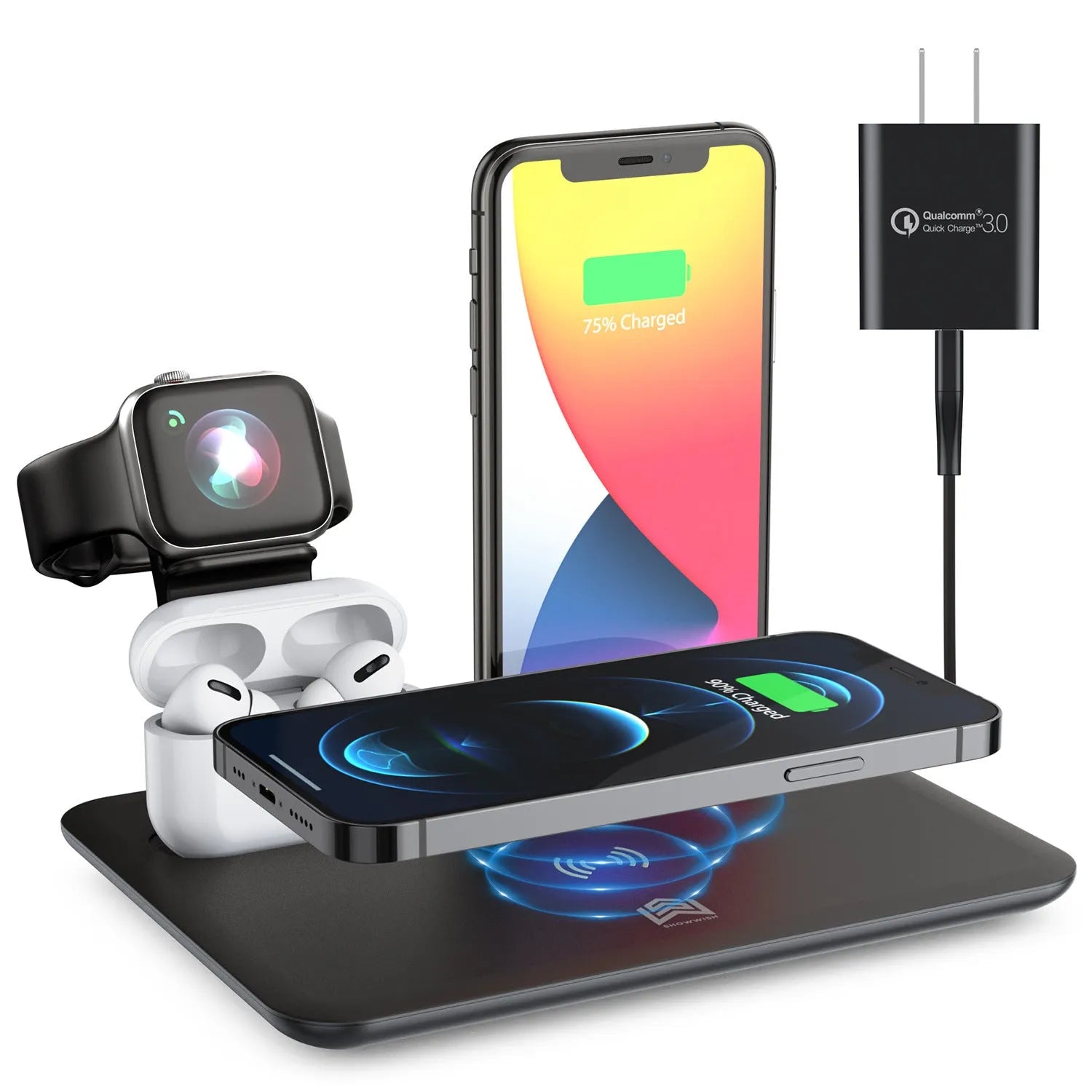 Black wireless charging station for phone, watch and headphones on desk