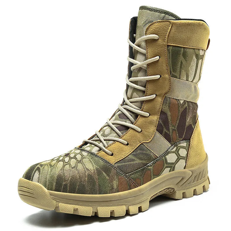 Men's black and camouflage mesh high-top combat boots showing totem detailing and sports styling