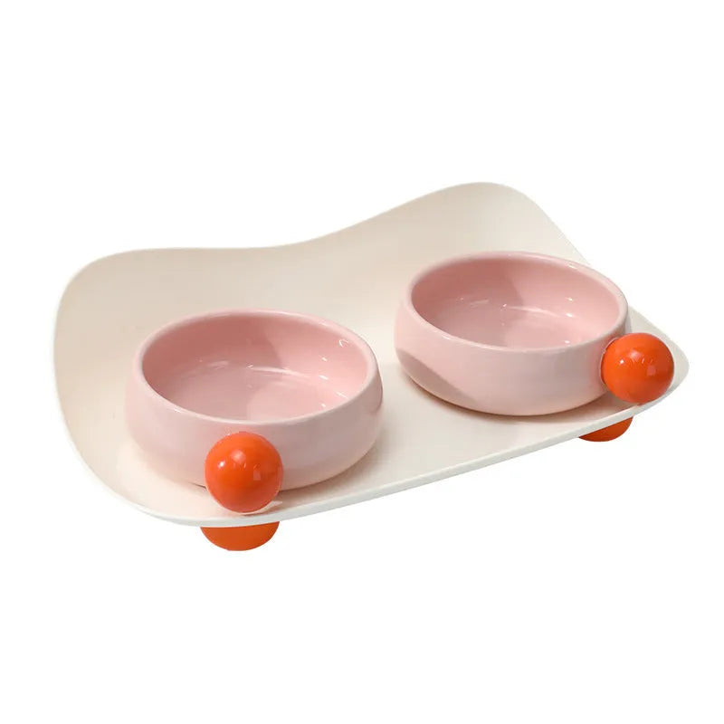 Ceramic raised pet bowl set with two bowls on non-slip base for cat food and water