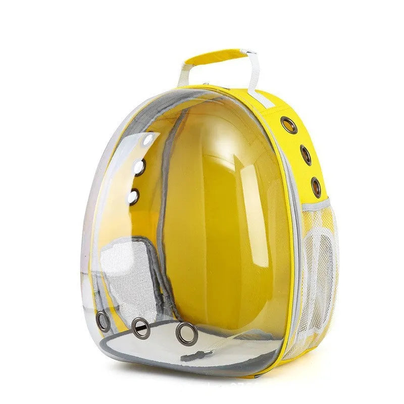 Grey astronaut dome-shaped cat carrier bag with a side opening for pet access.