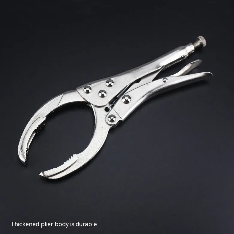 Adjustable clamp-style oil filter wrench with three jaws, made from black 45 steel, showing size adjustment mechanism