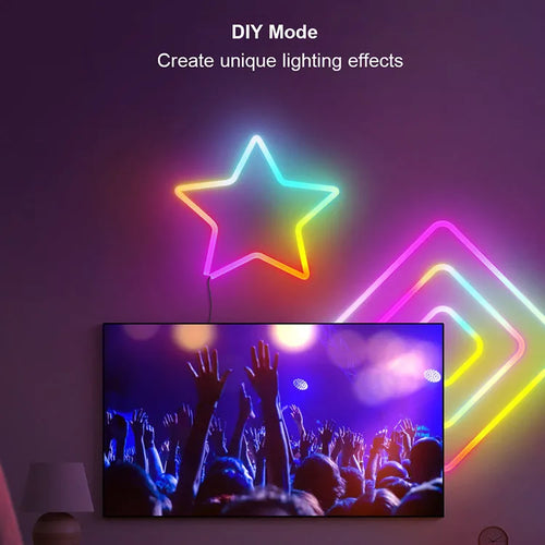 3-metre long flexible RGB LED neon light strip with remote control, showing colour-changing effects.