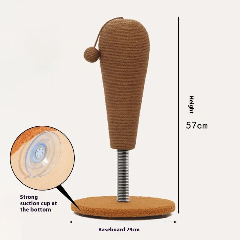 Hemp rope cat scratch board with interactive tumbler or grasping ball elements