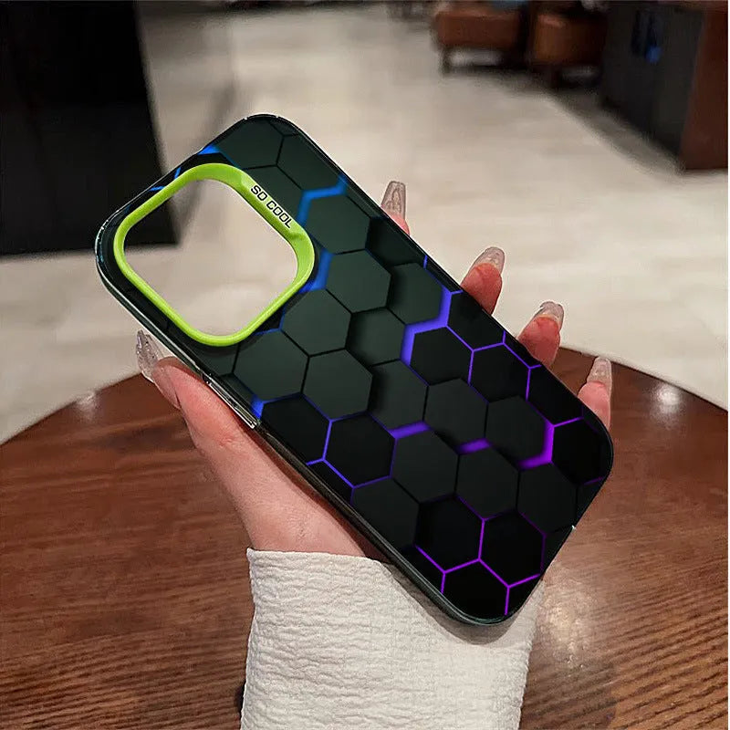 Frosted black iPhone case with honeycomb square pattern on the back.