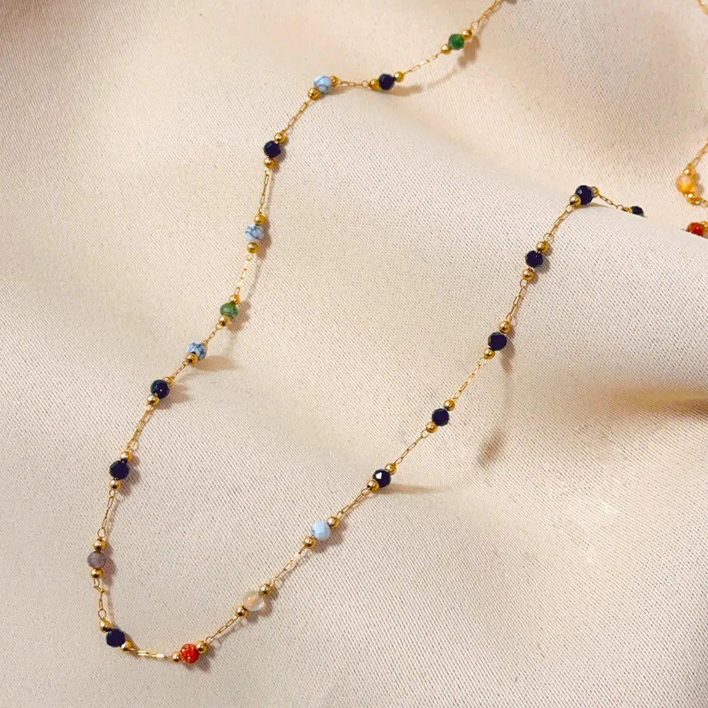 Gold-colour titanium steel women's necklace with natural stone pendant on O-ring chain