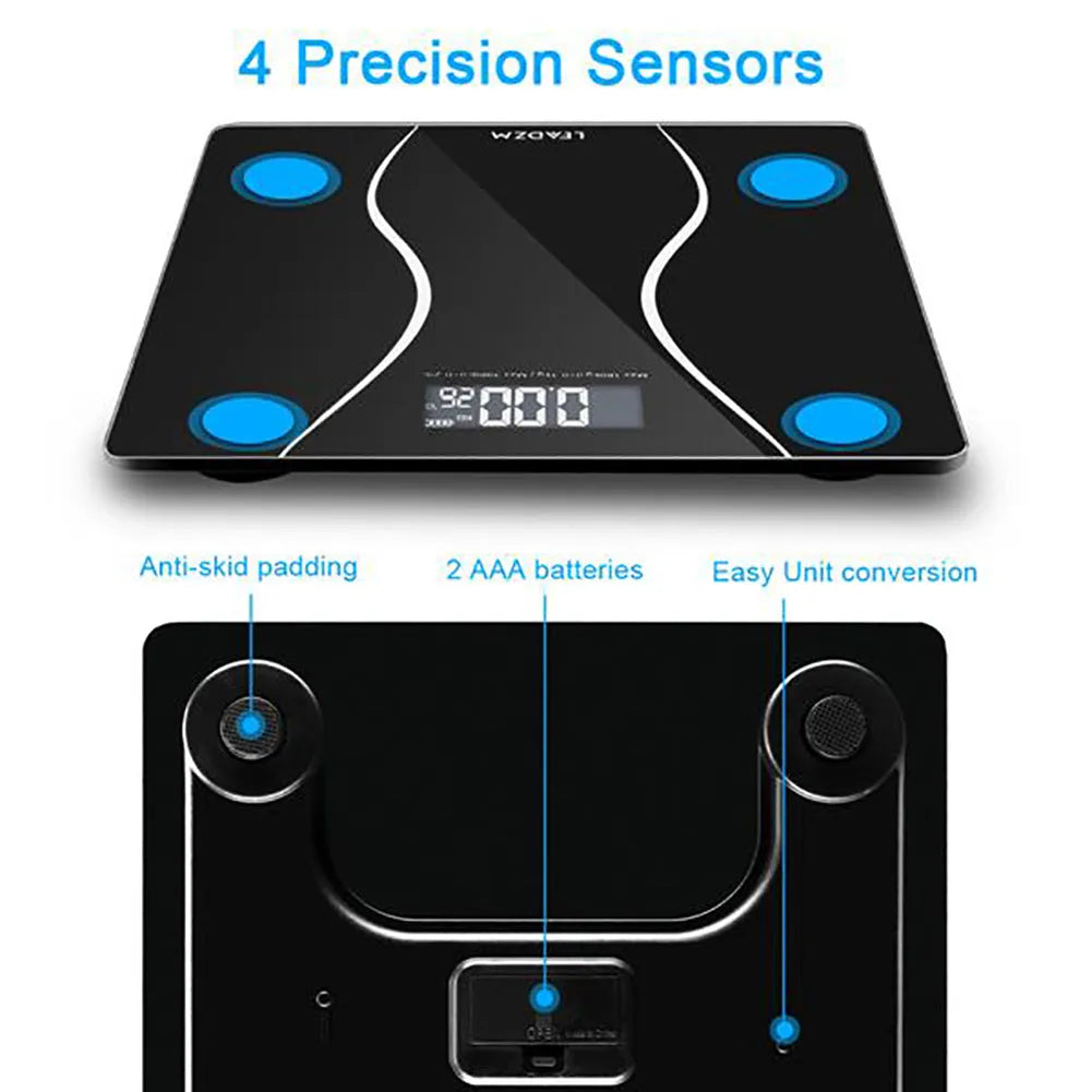 Black electronic household body scale with 180kg capacity for weight measurement