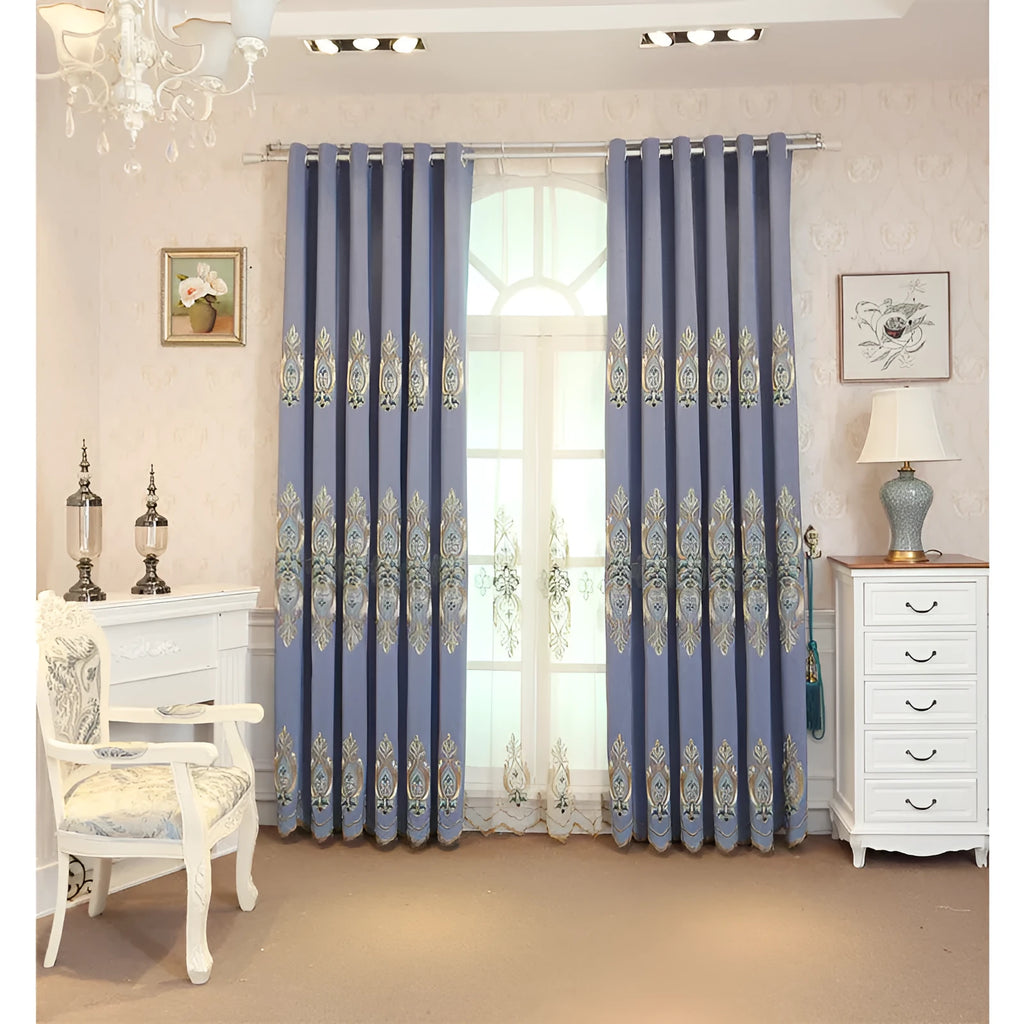 Slub cotton embroidery curtain fabric in beige with flat embroidery, high shading, modern simple style