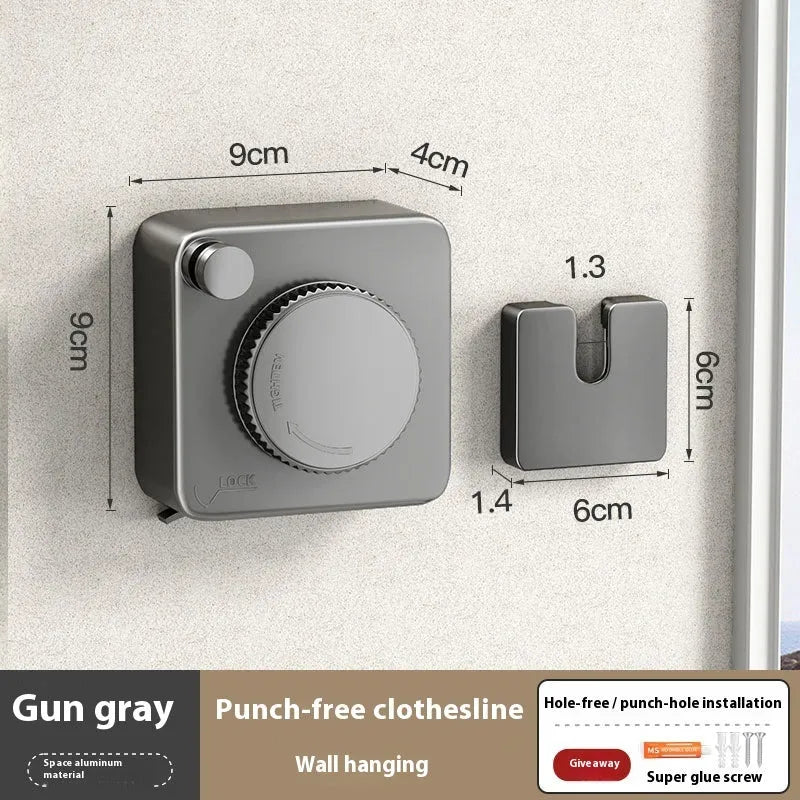 Gun grey retractable wall mounted clothesline extended to 4.8m with clothes hanging, ABS stainless steel construction