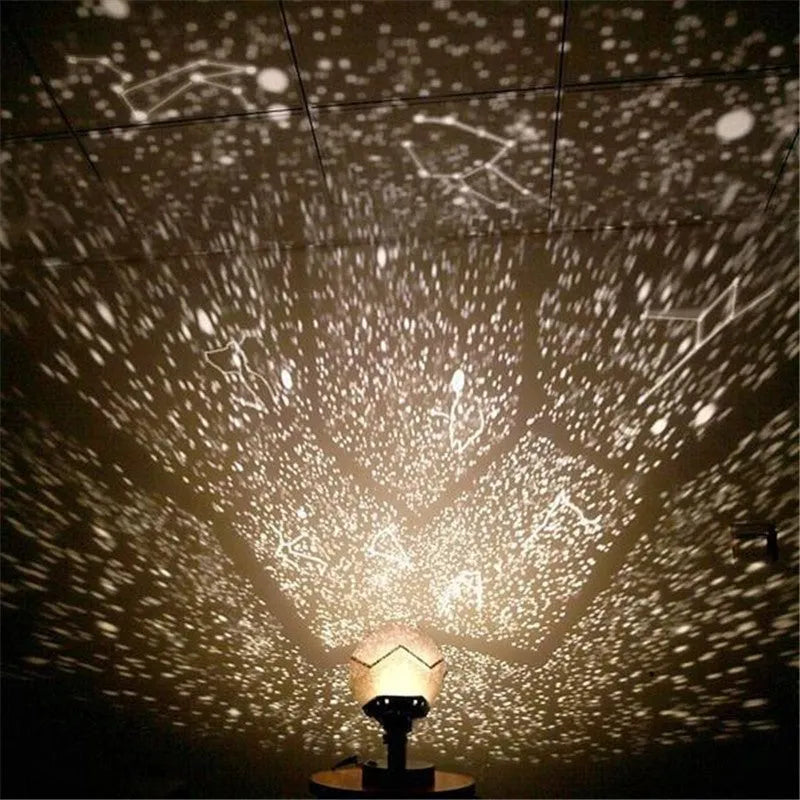 LED starry sky projector showing constellation patterns on bedroom ceiling with remote control