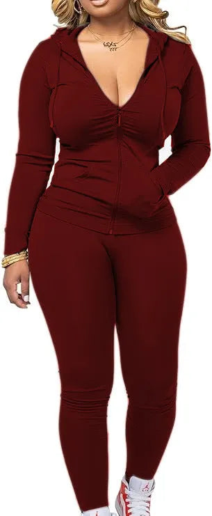 Women's long-sleeved zip hoodie and trouser two-piece set in milk silk fleece, available in six colours and five sizes