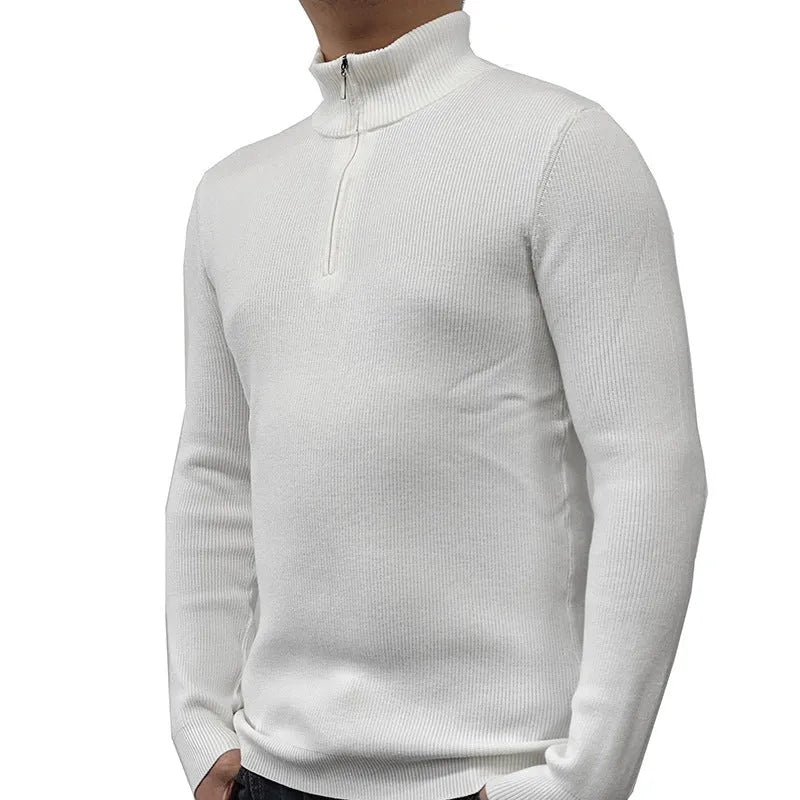 Men's half-turtleneck zipper sweater in cotton blend fabric with front zipper and long sleeves
