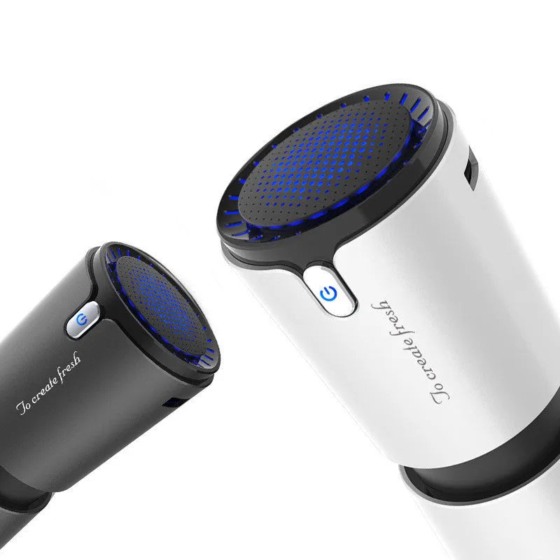 Portable mini car air purifier with True HEPA filter, cup-shaped, 72x72x145mm, USB powered, black gold white