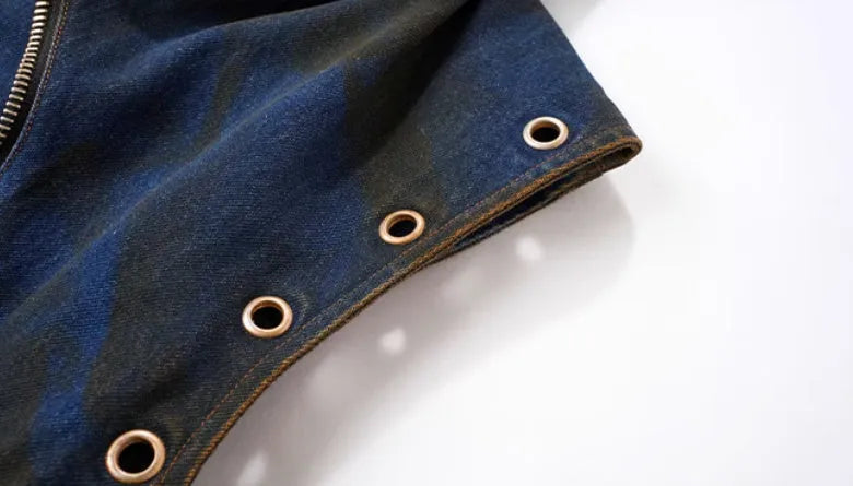 Blue Korean-style hooded denim vest coat with zipper front and matching trousers