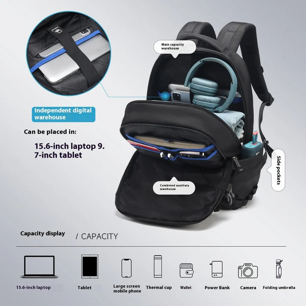 Black or light blue 20-35L waterproof Oxford cloth travel backpack with 15.6 inch size and curved shoulder straps