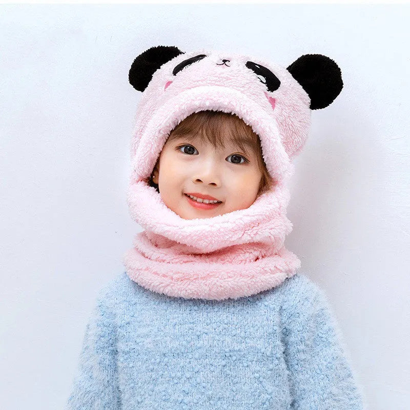 Winter cotton bib hat with panda face embroidery for kids aged 3-10 years, available in multiple colours