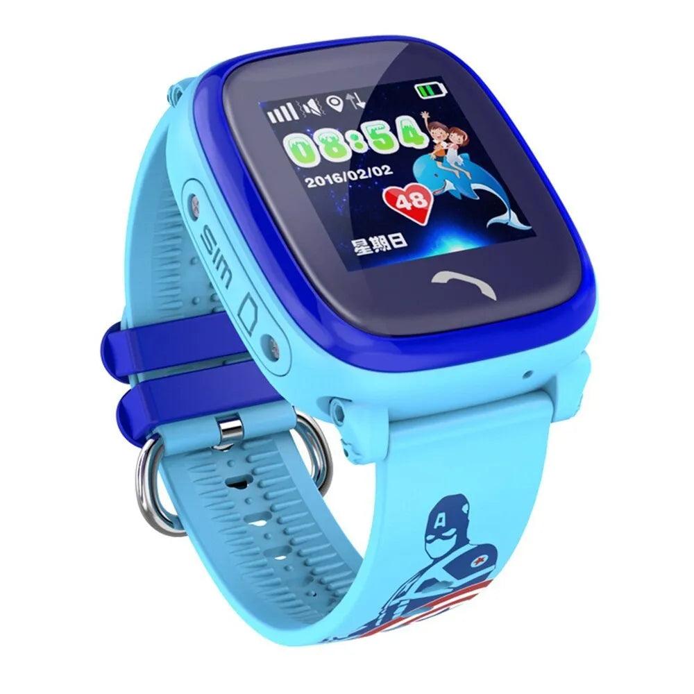 Blue children's waterproof smart watch with touch screen showing SOS call function