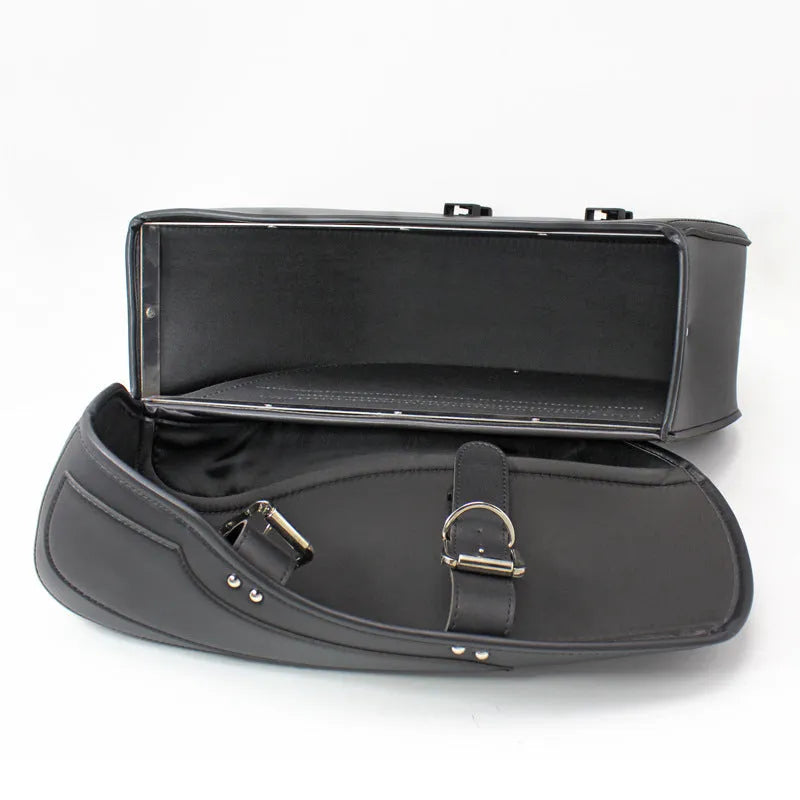 Black retro wind motorcycle side box made of PU leather showing saddle bag design