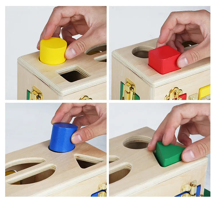Wooden shape lock box educational toy with 12 pieces for preschool learning