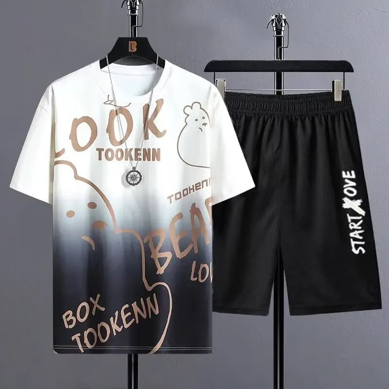 Mens light grey shorts suit with short sleeve top and matching shorts for summer wear
