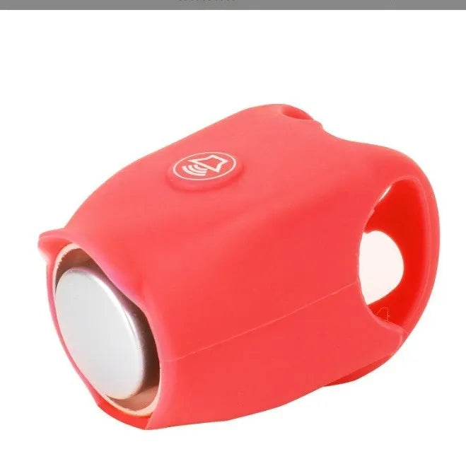 Plastic electronic bicycle horn in six colour options shown with two 2032 batteries.