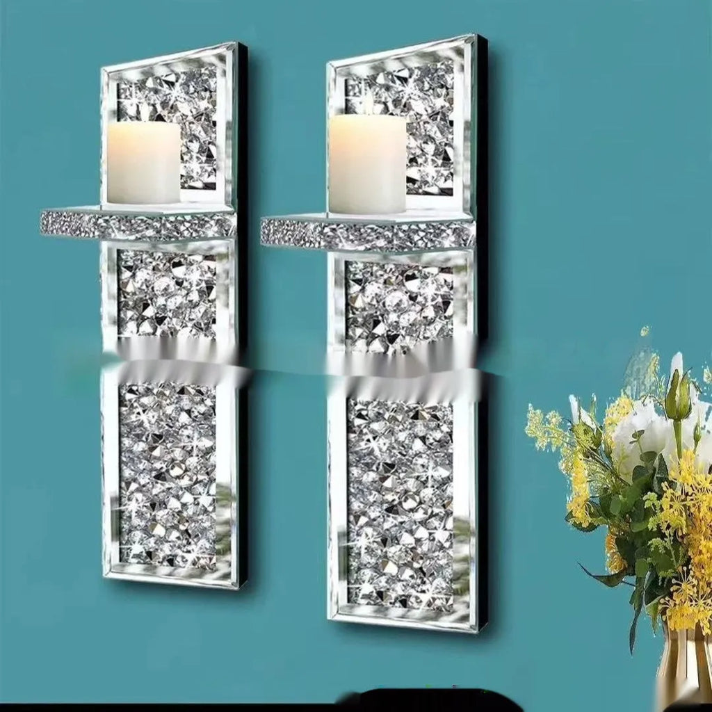 Silver mirror glass candle holder pair for wall hanging in living room, modern minimalist design