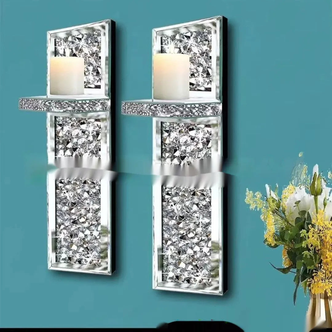 Silver mirror glass candle holder pair for wall hanging in living room, modern minimalist design