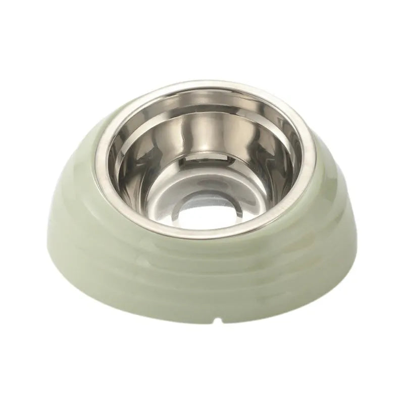 Stainless steel cat bowl in plastic base available in beige, brown, and light green colour variations