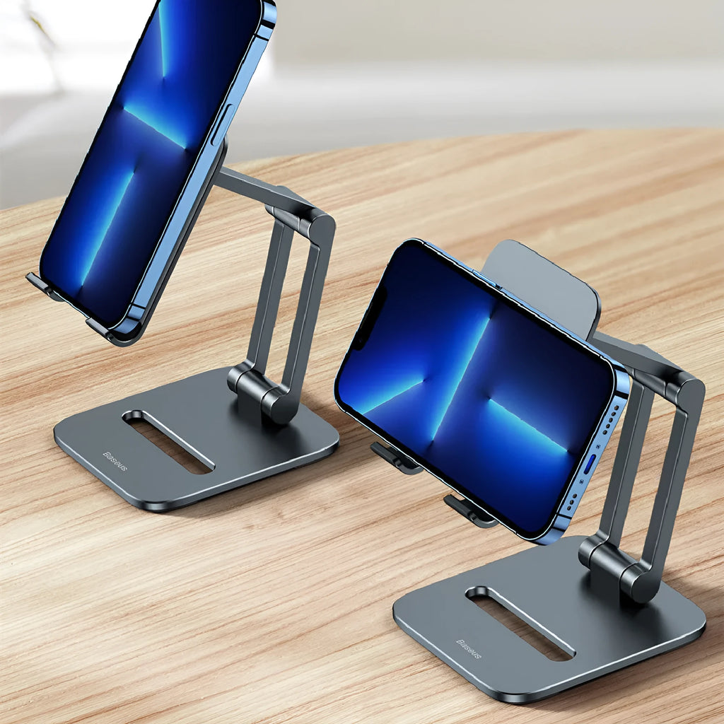 Deep space grey aluminium alloy folding stand holding a tablet and mobile phone separately