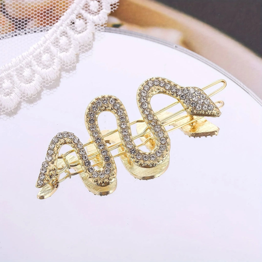 Korean vintage snake hair barrette with court rhinestones in gold or silver colour