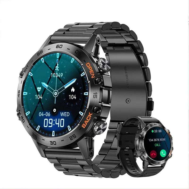 Bluetooth smart watch with colour options including black, silver steel, and orange on an IPS display.